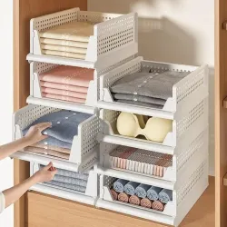 flymore Stackable Plastic Closet Organizer Bins with Front Opening – Foldable Storage Drawers for Clothes, Towels, Toys,