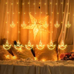 FLYNGO 12 Diya Diwali Curtain String LED Lights for Decoration - Warm White