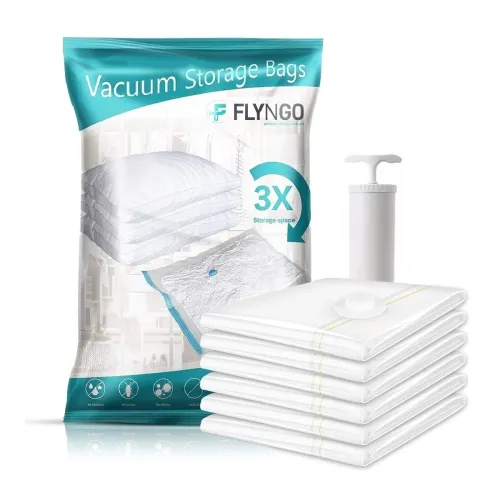 Image of FLYNGO Polypropylene Reusable Ziplock Vacuum Storage Space Saver Bags For Clothes With Travel Hand Pump-Pack Of 5,White