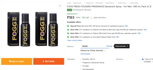 Image of FOGG FRESH FOUGERE FRAGRANCE Deodorant Spray (190 ml, Pack of 2)