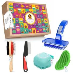 Foodie Puppies 5 in 1 Pet Grooming Festival Gift Box for Dogs & Cats | Combo with Blue Slicker Brush, Flea Comb, Wooden Pin Brush, Silicone Bath Glove & Shampoo Dispenser | All-in-One Groomi...