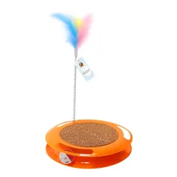 Foodie Puppies Cat Scratching Playboard Toy (Whirl N Scratch) | Scratching Tray with Feather Teaser & Spinning Bell Ball