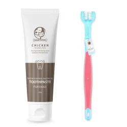 Foodie Puppies Pet Dental/Oral Care Combo of Toothbrush and Toothpaste - (Triplehead Toothbrush + Chicken Toothpaste, 10