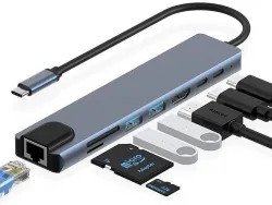 Foxne Point 8 in 1 Type C USB Hub With Gigabit Ethernet 8 for MacBook Laptops USB 3.0 Hub 8 in 1 Type C USB Hub With Gigabit Ethernet 8 Port USB C Dock Adapter USB Hub (Grey)