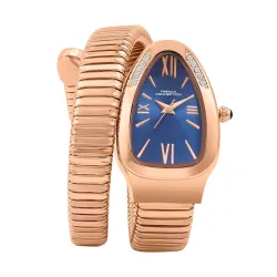 French Connection Eternelle Curve | Blue Dial with Rose Gold Case | Flexible Wrap Bracelet Strap | Crystal Accent Design | Roman Numerals Analog Watch for Women - FCN0142URGM