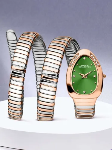 Image of French Connection The Mystic Curve Women's Rose Two Tone Watch | Rhinestones Green Sunray Dial Analog Watch - For Women