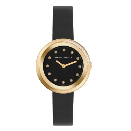 Image of French Connection Sunray Black Leather Strap Watch for Womens 