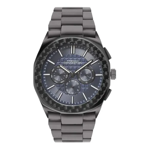 Image of French Connection Textured Blue Round Dial with IP Gun Stainless Steel Metal