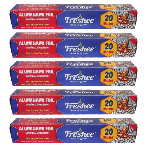 Image of Freshee 20m Aluminium Silver Kitchen Foil Roll Paper Pack of 5 |11 Micron Thick |Food wrap|Disposable Food Parcel |Fresh