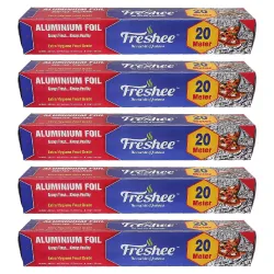 Freshee 20m Aluminium Silver Kitchen Foil Roll Paper Pack of 5 |11 Micron Thick |Food wrap|Disposable Food Parcel |Fresh