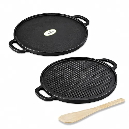 Image of Freshome Cast Iron 2-in-1 Dosa Tawa & Grill with Wooden Spatula (30cm) 