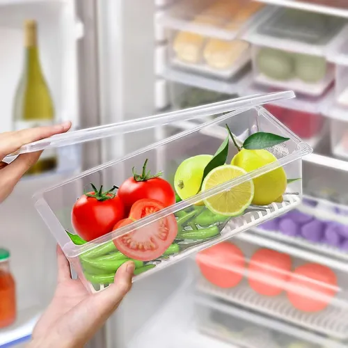 Image of Fridge Storage Boxes - Set Of 4 With Drain Tray, Stackable Plastic Container 