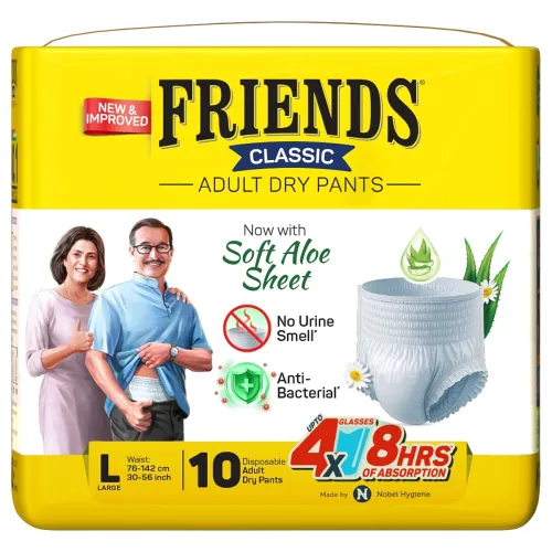 Image of Friends Classic Adult Diaper L Size Pants | 10 Count (Large) | Waist 30 - 56 inch | Aloe Vera | Unisex | Quick & Even Ab