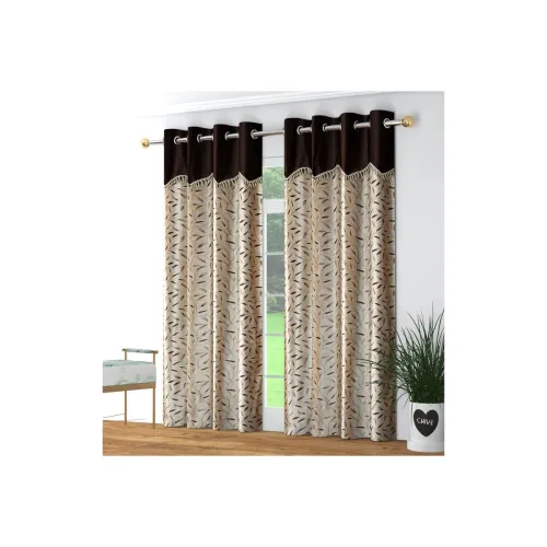 Image of Kiara Premium Frill Leaves Printed Long Door Curtains 8ft (Pack of 2, Brown)