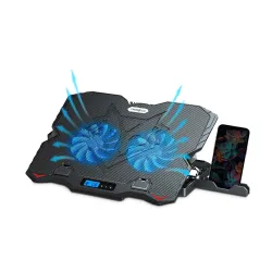 Frontech Laptop Cooling Pad, 2×125mm Blue LED Fans, Heat Dissipation, 5-Adjustable Height with LCD Display,