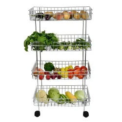 Fruit and Vegetable Stand Basket Trolley Modern Onion Potato Kitchen Storage Steel Rack -Triple Tire Trolley Shelf | Silver Color | Rust Free | 1 Piece (4 Shelf)