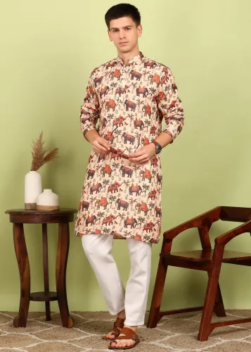 Image of FUBAR Printed Cotton Blend Straight Kurta for Men 