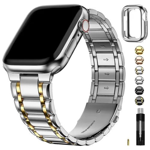 Image of Fullmosa Metal Strap With Case for Apple Watch 45/44/42mm, Silver&Gold