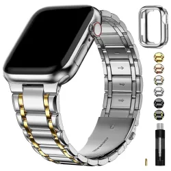 Fullmosa Metal Strap With Case for Apple Watch 45/44/42mm, Silver&Gold
