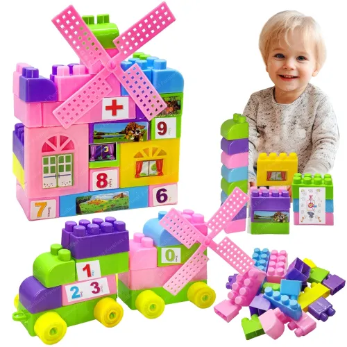 Image of FunBlast Building Blocks for Kids – 47 Pcs DIY Plastic Building Blocks with Wheels, Colorful Interlocking Blocks Play Se