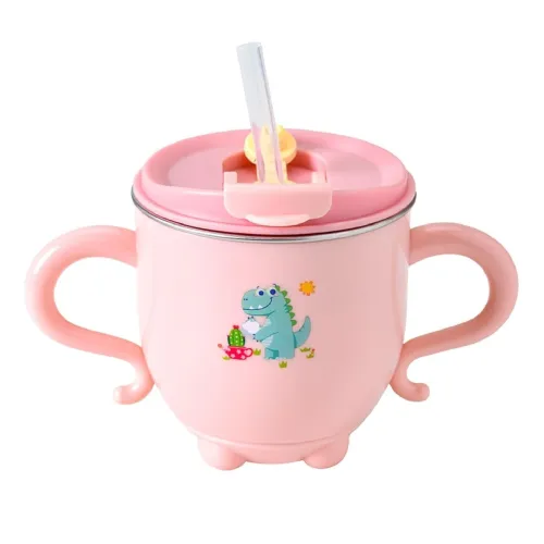 Image of FunBlast Milk Mug for Kids – Dinosaur Print S316 Stainless Steel Mug for Kids, Insulated Milk Cup with Lid & Straw, Wate