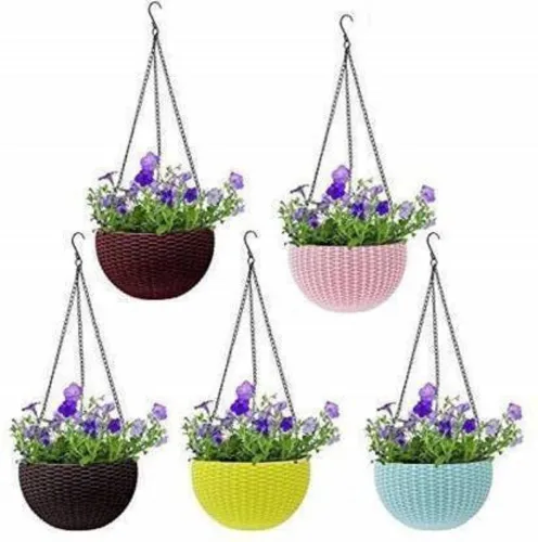 Image of Funtastik Hanging Flower Pots | Round Woven Look Plastic Hanging Planters with Chain Plant Container Set  (Pack of 5, Pl