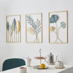 FUNTEREST Gold Leaf Wall Decor Modern Wall Art Home Decor, Set of 3 Metal Wall Hanging Decoration for Living Room 