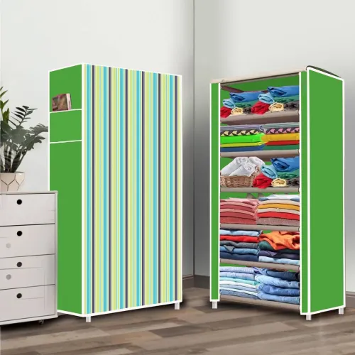 Image of FurniGully 6-Shelf Green Printed Collapsible Wardrobe