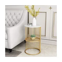 Furniture Café Modern Gold Side Table with White Marble Top