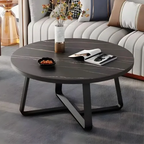 Image of Furniture Café Modern Round Coffee Table with White Marble Finish Top and Golden Geometric Metal Base – Living Room Cent