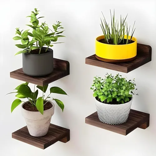 Image of Furniture Café Set of 4 Wooden Wall Mounted Floating Shelves – Small Display Racks for Plants, Décor, and Storage (Brown