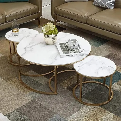 Image of Furniture Cafe Round Nesting Coffee Table Set of 3 with White Marble Look Top