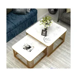 Furniture Cafe Square Nesting Coffee Table Set of 2 with White Marble Look Top & Gold Metal Frame | Modern Stackable Center Tables for Living Room, Bedroom, Balcony & Apartment (White & Blac...