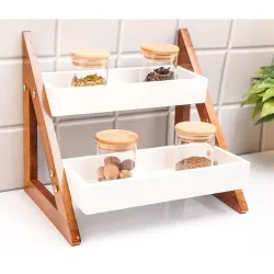 Furniture Café Wooden Kitchen Wall Shelf with 3 Tiers & Mug Hooks – Spice Rack and Storage Organizer for Jars, Condiment
