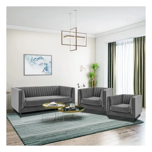 Image of FURNY Modanway 5 Seater 3+1+1 Premium Fabric Spacious Sofa Set (Grey)