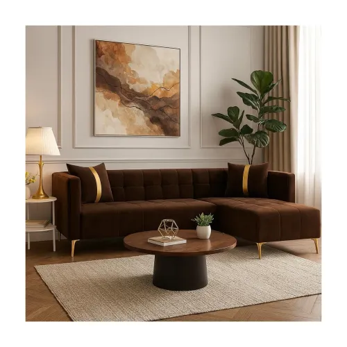 Image of FURNY Modernliving 4 Seater RHS L Shape Sofa Set (Brown)