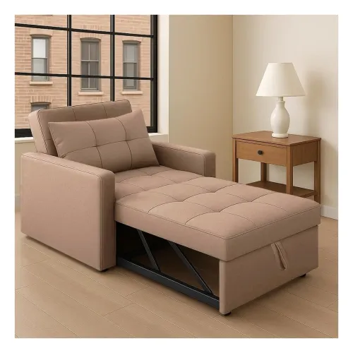 Image of FURNY Tressa 1 Seater Pull-Out Premium Fabric Sofa Cum Bed Sofa Set for Living Room (Beige Color Fabric)