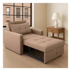 FURNY Tressa 1 Seater Pull-Out Premium Fabric Sofa Cum Bed Sofa Set for Living Room (Beige Color Fabric)
