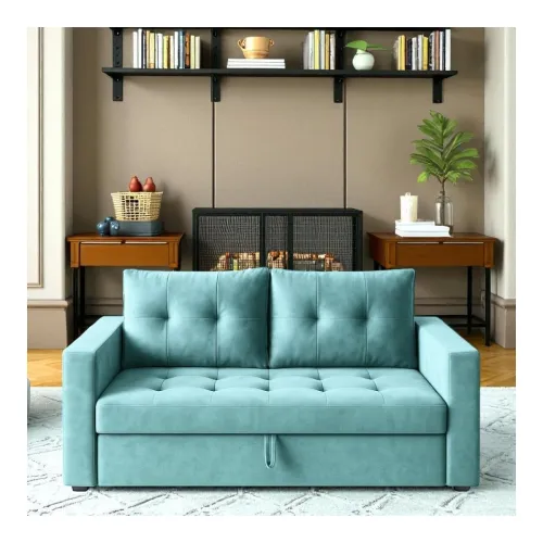 Image of FURNY Tressta 2-Seater Pull-Out Fabric Sofa Cum Bed (Sky Blue)