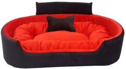 Furry Smile Pet Bed with Collar & Toy – Red & Black