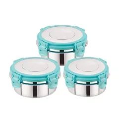 Leak Proof Click and Seal Lock Stainless Steel Storage/Air Tight Tiffin Container/Lunch Container with lid (Fusion 150+250+350 ml)Silver