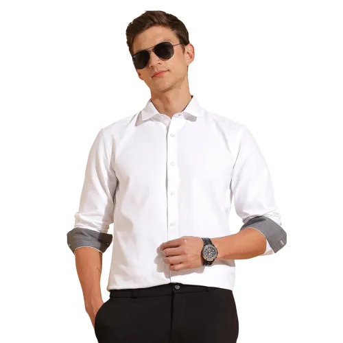 Image of Fyltr Men's Regular Fit Oxford Cotton Blend Shirt - Full Sleeve | Contrast Trim Fabric | Formal Shirts for Men
