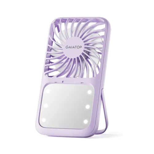 Image of Gaiatop Mini Handheld Fan - 3 Speeds, 2000mAh USB Rechargeable Portable Fan with LED Lighted Makeup Mirror and Stand, Sm