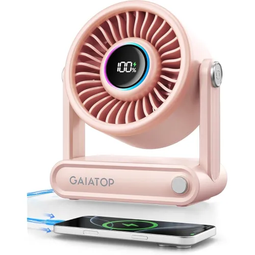 Image of Gaiatop Portable Quiet Desk Fan, 6000mAh Rechargeable Battery Fan with RGB Ring, 18Hrs Runtime, 5-Speed Strong Wind, Bed