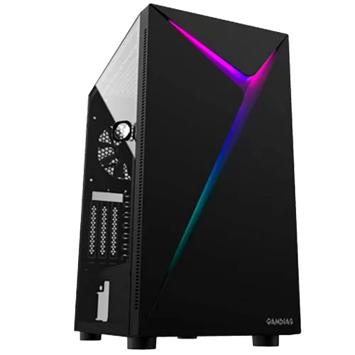 Image of GAMDIAS Argus E4 Mid Tower PC Cabinet with RGB Light Strips at Front and Panoramic Tempered Glass Panel