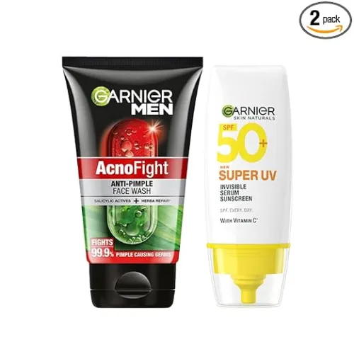 Image of GARNIER Men Acno Fight Anti Pimple Face Wash 100g + Super UV Invisible Serum Sunscreen 30ml (2 Items in the set)