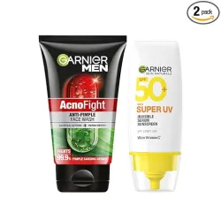 GARNIER Men Acno Fight Anti Pimple Face Wash 100g + Super UV Invisible Serum Sunscreen 30ml (2 Items in the set)