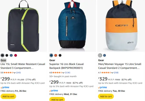 Image of Gear Backpacks Starting @ ₹299