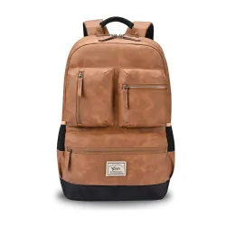 Gear Vintage Boxy 18\'/26L Medium Faux Leather Water Resistant Laptop Backpack/Casual Bag/Daypack/College Backpack/Travel Backpack For Men/Women (Tan - Navy)