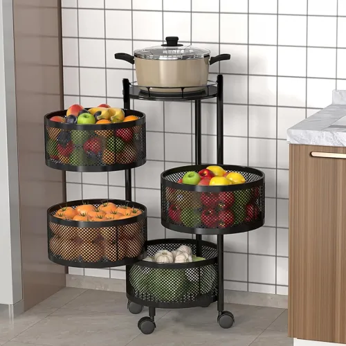 Image of Storage Rack | 360° Revolving Vegetable Kitchen Rack | Round Multipurpose Storage Trolley with Wheels | Metal Fruit Stor